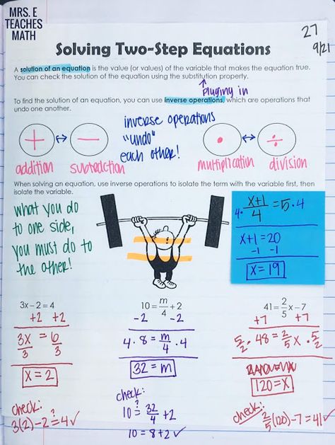 Solving Two-Step Equations interactive notebook page Solving Equations And Inequalities, Solving Two Step Equations Anchor Chart, Solving 2 Step Equations, Solving One Step Equations, Japanese Math, Solving Multi Step Equations, Teaching Math Strategies, Multi Step Equations, Two Step Equations