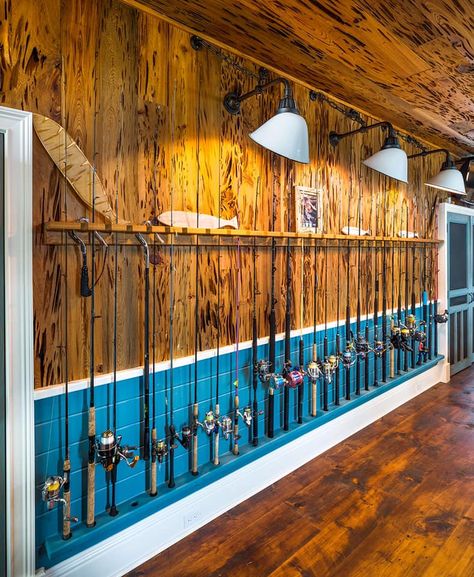 Fishing Tackle Room, Fishing Man Cave, Diy Fishing Rod Holder, Fishing Pole Storage, Diy Fishing Rod, Man Cave Design, Fishing Rod Storage, Budget Interior Design, Fishing Room