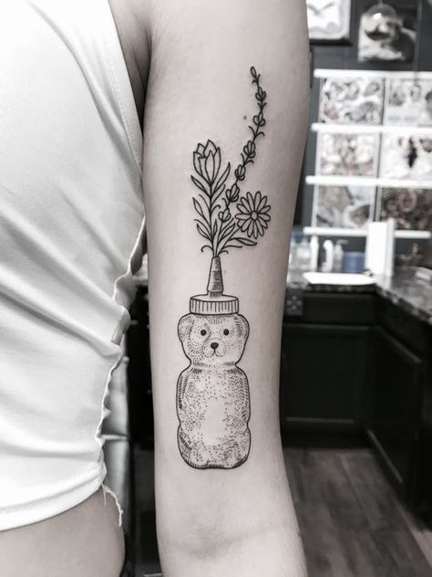 Brilliant Tattoo Ideas, Honey Bear Bottle Tattoo, Honey Bottle Tattoo, Honeybear Tattoo, Honey Bear Tattoo, Honey Pot Tattoo, Cheetah Tattoos, Carving Stamps, Celestial Tattoos