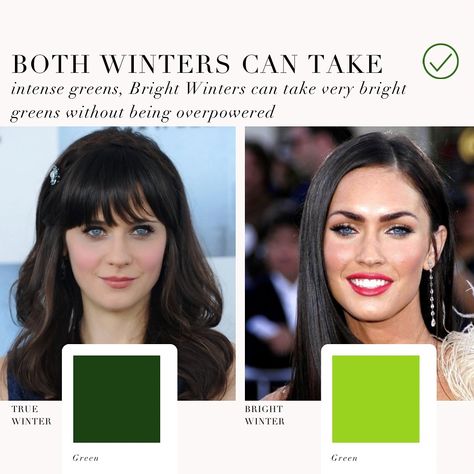 Colour analysis comparison, True Winter VS Bright Winter 🖤 . #coloranalysis #colouranalysis #coloranalyst #winterpalette #zooeydeschanel #meganfox True Winter Green, Cool Winter Vs Bright Winter, True Winter Vs Bright Winter, True Winter Outfits, Bright Winter Color Palette, True Winter Makeup, Season Analysis, True Winter Color Palette, Bright Winter Outfits