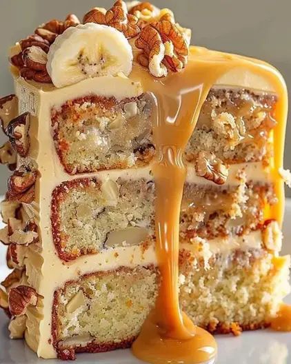 Banana Pecan Caramel Cake Recipe | Easy Layer Cake - optimal recipes Caramel Cake Recipe Easy, Pecan Caramel Cake, Caramel Layer Cake, Banana Nut Cake, Easy Layer Cake, Easy Cake Recipe, Cake Recipe Easy, Caramel Cake Recipe, Banana Dessert Recipes