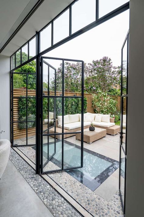 SW London townhouse | Crittall Windows | Bespoke Glazing Design Crittal Doors Extension, Floor To Ceiling Doors, Crittall Windows, Crittal Doors, Crittal Windows, House Extension Plans, Glass Extension, Open Plan Kitchen Living Room, London Townhouse