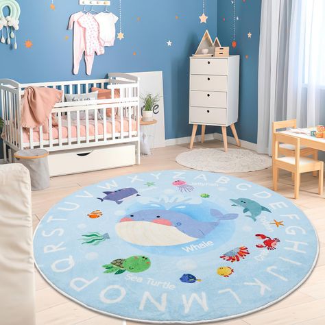 PRICES MAY VARY. 【✦Super soft for Comfy and Warm Feeling✦】This round ABC rug measures 47.2"x47.2"(120cmx120cm), large enough for kids to play games and toys.Made of faux wool material,making it extra soft and easy to clean.The surface of this cute kids play mat is ultra soft, fluffy, durable and skin-friendly, which can protect kids’ tender skin.It can decorate kid's rooms, home schools and nurseries,and increase the comfort of the space. 【✦Kids Whale Rug with Alphabet Design✦】This 4ft circle ki Carpet For Nursery, Abc Rug, Rug For Kids Room, Ocean Themed Nursery, Sea Nursery, Playroom Bedroom, Soft Bedroom, Ocean Nursery, Baby Rugs