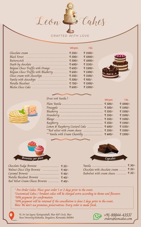 Leon Cakes Menu buy Cake Shop Menu Card Design, Cake Username Ideas, Cake Menu Design Ideas Template, Cake Bussines Ideas, Cake Prices Chart, Baking Names Ideas With Logo, Logo For Baking Business, Cake Menu Ideas, Home Bakery Business Cards