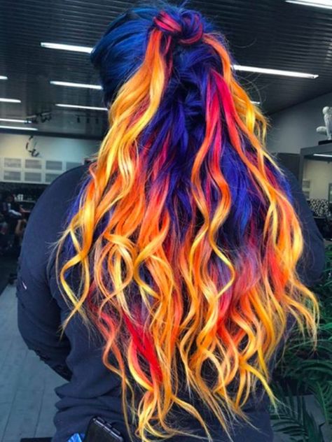 Custom Colored Glam Seamless Extensions! Love this Blue Phoneix dye job with seamlessly blended blue, red and gold pieces. Colourful Hair, Ideas Pelo, Ice Hair, Colors Nails, Colour Hair, Hair Color Crazy, Cosplay Hair, Pretty Hair Color, Nails Red