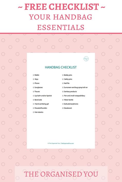 Work Bag Checklist, Handbag Essentials Everyday, Organising Ideas, Family Command Center, Car Kits, Home Management Binder, Organisation Hacks, Free Checklist, Handbag Essentials