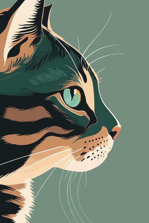 Modern Cat Art, Eyes Vector, Cat With Green Eyes, Cat Art Illustration, Portrait Illustration, Cat Painting, Cat Illustration, Cat Drawing, 귀여운 동물