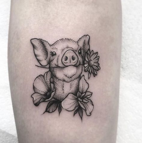 Vegetarian Tattoo, Farm Tattoo, Daisy Tattoos, Tattoo With Flowers, Pig Tattoo, Flowers Poppy, Cow Tattoo, Tattoo Dotwork, Vegan Tattoo