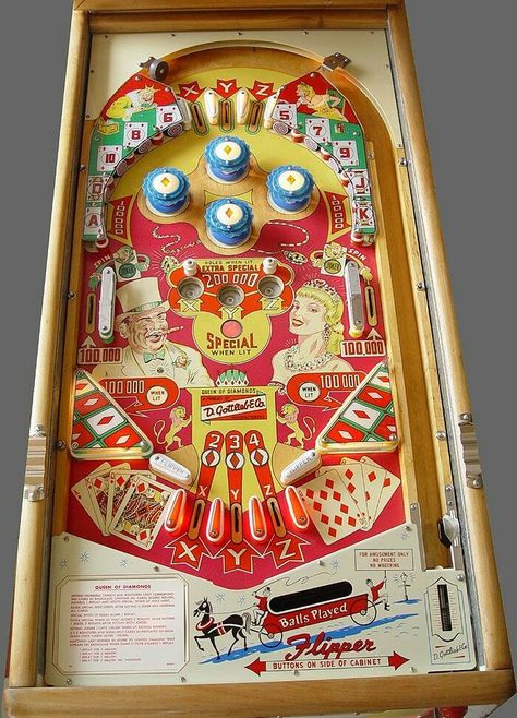 1959 Queen of Diamonds "Gottlieb" Pinball Machine Vintage Pinball Machines, Flipper Pinball, Pinball Art, Queen Of Diamonds, Vintage Arcade, Pinball Wizard, Retro Arcade Games, Pub Games, Arcade Game Machines