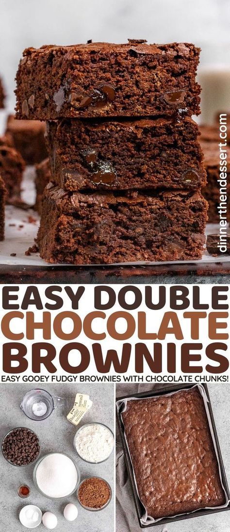 Double Chocolate Brownies are the ultimate gooey, chewy brownie recipe with melty chocolate chunks throughout for an extra chocolatey taste. Chewy Brownie Recipe, Chewy Brownies Recipe, Brownie Mix Recipes, Cake Mix Brownies, Chocolate Chunk Brownies, Homemade Brownies Easy, Ultimate Brownies, Fudge Brownie Recipe, Double Chocolate Brownies