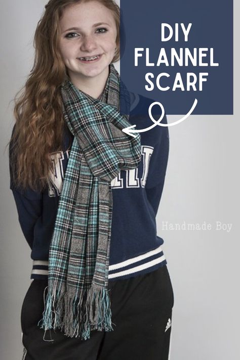 Hey, guys! It's Kelly from Handmade Boy and today I have for you a super quick, cheap DIY flannel scarf! Flannel Scarf Diy, Scarf Diy, Flannel Scarf, Fleece Projects, Flannel Scarves, Scarf Tutorial, Teachers Gifts, Diy Scarf, Stitch Lines