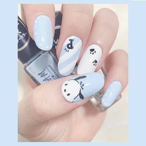 Sanrio Nail Art Pochacco, Pochacco Nail Art, Pochacco Nails, Pastel Nail Design, Cat Nail Designs, Pastel Nails Designs, Bunny Nails, Beauty Hacks Nails, Asian Nails