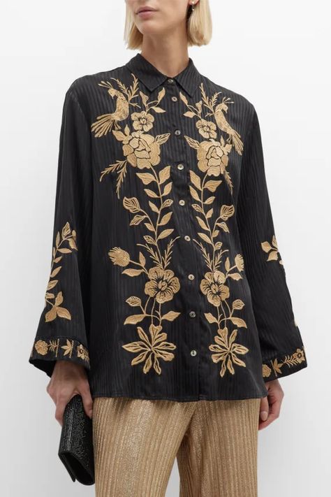 T49QR Johnny Was Martina Floral-Embroidered Stripe Jacquard Collared shirt Clothing Store Interior, Emb Designs, Designer Clothing Brands, Jacquard Shirt, Embroidery Suits Design, Kimono Sleeves, Designer Tops, Shirt Embroidery, Long Kimono