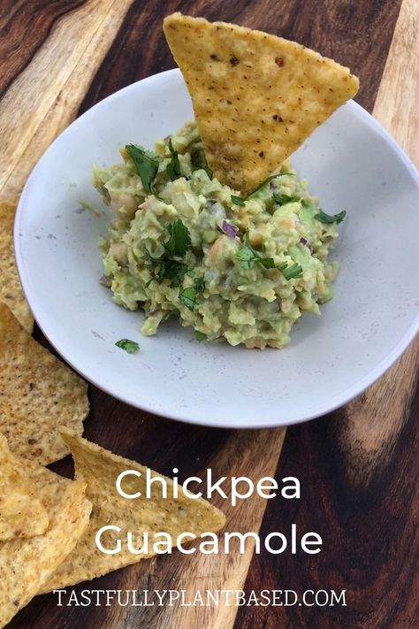 Chickpea guacamole in a bowl and served with some tortilla chips. Chickpea And Avocado, Avocado Guacamole, Avocado Dip, Vegan Sauces, Pita Chips, Canned Chickpeas, Tortilla Chips, Chickpeas, Plant Based Recipes