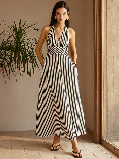 Stripe Backless Pockets Dress Backless Summer Dress, 90s Y2k Fashion, Dress Stands, Halter Style Dress, Striped Dress Summer, Halter Neck Dress, Trendy Summer Outfits, Halterneck Dress, Cute Summer Outfits