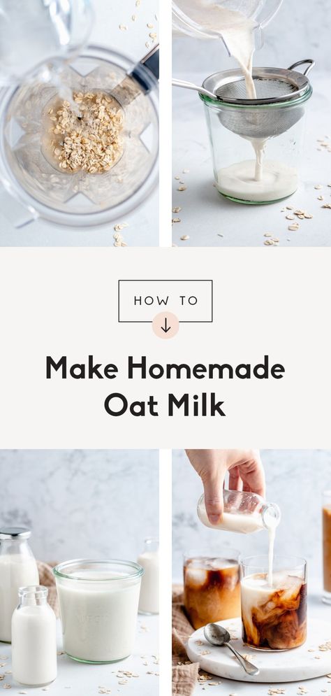 Learn how to make oat milk with two simple ingredients to use in your coffee, with cereal, in recipes and more! This homemade oat milk recipe takes just 5 minutes to make and is a wonderful, inexpensive dairy free milk alternative. Options to add delicious flavors like vanilla, honey & cinnamon! #oatmilk #tutorial #kitchenhack #dairyfree Make Oat Milk, Homemade Oat Milk, Oat Milk Recipe, How To Make Oats, Vanilla Honey, Clean And Delicious, Ambitious Kitchen, Honey Cinnamon, Milk Alternatives