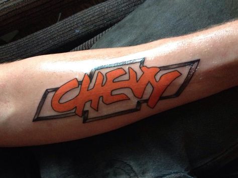 Considered the best chevy tattoo to date👍 Chevy Tattoo For Men, Chevy Truck Tattoo Ideas, Chevy Bowtie Tattoo, Chevy Tattoo Ideas, Automotive Tattoo, Chevy Tattoo, Trucks Lowered, Hot Rod Tattoo, Car Sticker Ideas