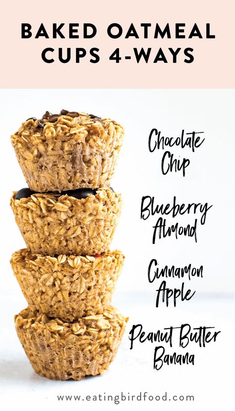 Keep these baked oatmeal cups in your fridge or freezer for an easy, healthy breakfast! There's four different flavor options so you'll never get bored. Vegan + gluten-free. #oatmeal #vegan #glutenfree #breakfast #eatingbirdfood Oatmeal Vegan, Baked Oatmeal Cups, Apple And Peanut Butter, Oatmeal Cups, Baked Oatmeal, Oatmeal Recipes, Easy Healthy Breakfast, Good Healthy Recipes, Healthy Breakfast Recipes