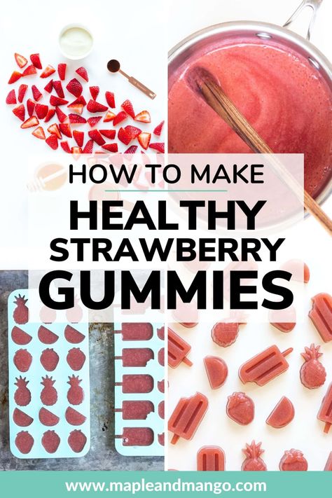 Strawberry Gummies, Homemade Gummy Bears, Healthy Gummies, Homemade Fruit Snacks, Homemade Gummies, Healthy Fruit Snacks, Fruit Recipes Healthy, Gummies Recipe, Gelatin Recipes