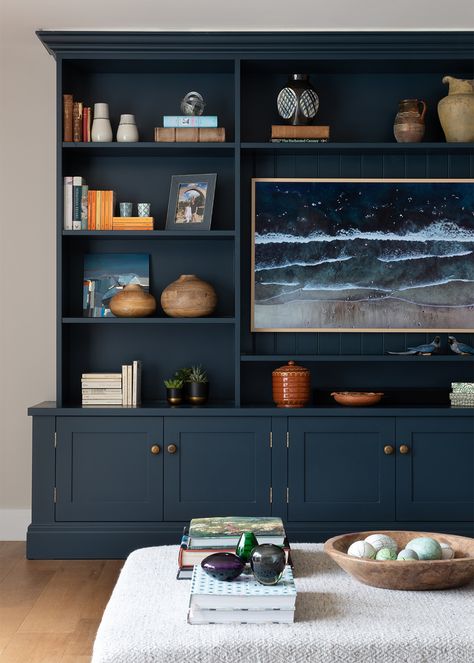 Cabinetry Living Room, Style A Bookcase, Blue Bookshelves, Styling A Bookcase, Moody Home Decor, Blue Bookcase, Blue Shelves, Hague Blue, Painting Walls