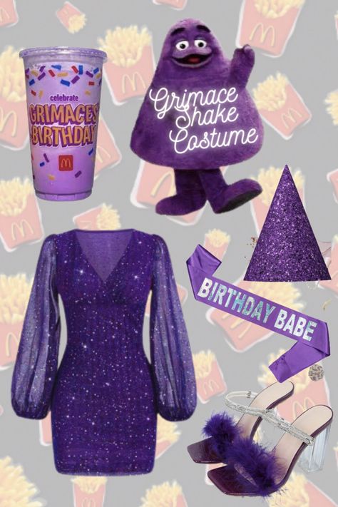 Looking for a fun and unique Halloween costume this year? How about a Grimace Shake costume! This iconic McDonald's character is sure to turn heads and make people smile. The costume features a a birthday party outfit, birthday hat and sash and the iconic shake. This costume is perfect for anyone looking for a playful and viral Halloween costume. Diy Grimace Costume, Grimace Birthday Party, Grimace Costume Diy, Grimace Halloween Costume, Grimace Costume, Grimace Birthday, Purple Halloween Costumes, Halloween Costume Ideas 2022, Party Outfit Birthday