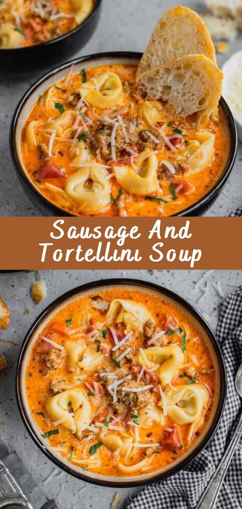 Sausage and Tortellini Soup Recipe - Cheff Recipes Sausage And Tortellini Soup, Sausage And Tortellini, Sausage Tortellini Soup, Sausage Tortellini, Tortellini Recipes, Hearty Soup, Hot Italian Sausage, Sausage Soup, Comfort Soup