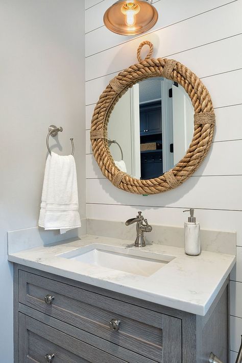 Mirror with rope frame accentuates the coastal appeal in this white powder room [From: Andrea Swan – Swan Architecture] Rope Mirror Bathroom, Jute Rope Mirror, Round Mirror With Rope, Tiny Powder Rooms, Tiny Powder Room, Mudroom Makeover, Upcycle Furniture, Rope Wall, Rope Mirror