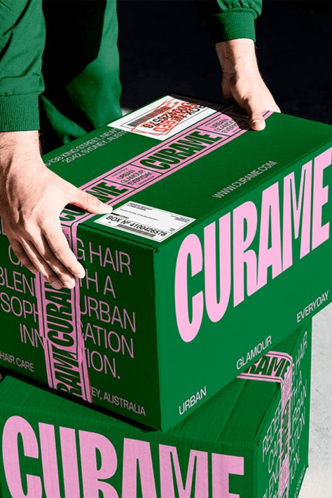 Discover how Curame’s hair care brand transforms with bold, urban-inspired packaging design by Yuliia Hrabynska. The striking green and pink color palette, combined with oversized typography, creates a statement that's both modern and sophisticated. Perfectly capturing the essence of contemporary hair care, this design is a true standout. 🌟 - Fivestar Branding Agency Is A Design and Branding Agency. This Work Belongs to The Accredited Artist and Is Curated For Inspiration Only #PackagingDesign Mailing Box Design, Playful Packaging Design, Package Box Design, Box Design Ideas, Contemporary Branding, Green Branding, Visuell Identitet, Typography Packaging, Pink Color Palette