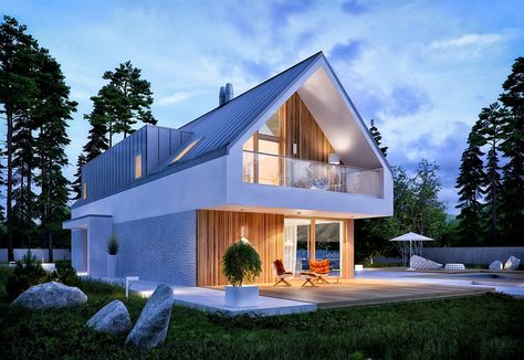 MODERN HOUSE - EX 20 G2 on Behance Design Case Mici, Scandinavian Modern House, Small Modern House Plans, Home Designs Exterior, Gable House, Narrow Lot House, House Cladding, Bungalow Renovation, Modern Small House Design