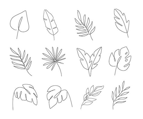 Tropical Leaves Doodle, Tropical Leaf Line Drawing, Tropical Leaves Line Art, Fine Line Palm Leaf Tattoo, Palm Leaf Drawing Simple, Tropical Leaf Line Art, Tropical Leaves Drawing Simple, Line Art Plant Drawings, One Line Drawing Leaf