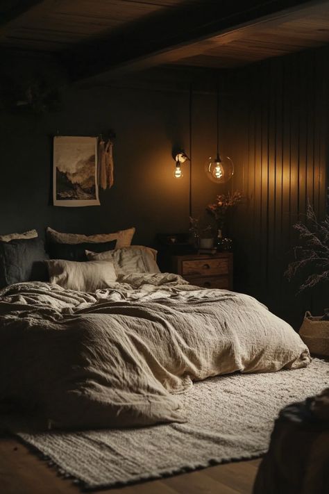 Black Bedrooms Romantic, Dark Cozy Bedroom Aesthetic, Dark Warm Bedroom Aesthetic, Dark Earth Tone Bedroom, Cozy Moody Bedroom, Dark Minimalist Bedroom, Bedroom Aesthetic Dark, Bedroom Inspirations Cozy, Bedroom Style Ideas