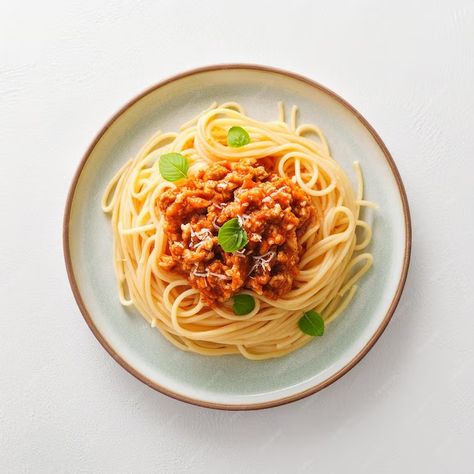 Premium Photo | Spaghetti Bolognese Top View on White Background Pasta Dish Pasta Dishes Photography, Food Photography White Background, Spaghetti Photography, Food Photography Pasta, Pasta Food Photography, Rigatoni Alla Norma, Pasta Png, Food Top View, Bolognese Spaghetti