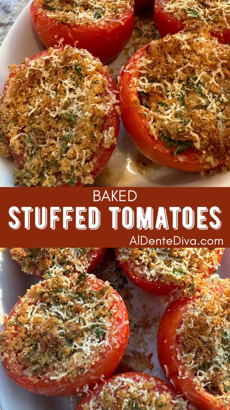 BAKED STUFFED TOMATOES Stuffed Roma Tomatoes, Baked Tomato Recipes, Campari Tomatoes, Easy To Make Recipes, Stuffed Tomatoes, Recipes For The Whole Family, Burger Seasoning, Easy To Make Appetizers, Baked Tomatoes