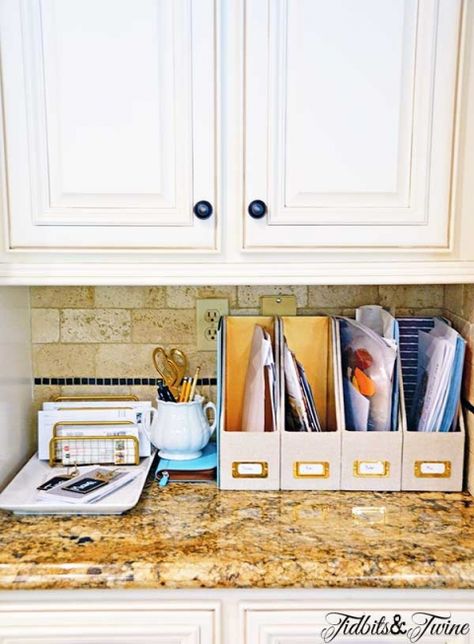 Organization For Mail And Bills, Kitchen Office Nook Organization, Family Mail Organizer Center Ideas, Kitchen Command Center Countertop, Organizing Mail And Bills In Kitchen, Mail Storage Ideas Kitchen Counters, Office Mail Organization, Organizing Mail, Kitchen Desk Organization