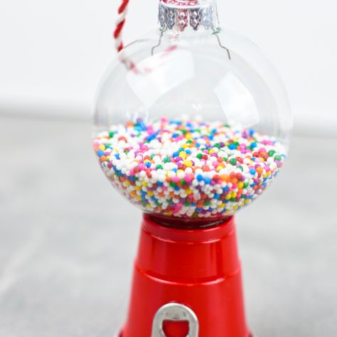 Mini Red Solo Cup Gumball Machine Ornament - Crafty Morning Gum All Machine Ornament Diy, Ornament Gumball Machine, Gumdrop Ornaments Diy, Gum Ball Ornament, Bubble Gum Ornament, Gum Ball Ornament Diy, Bubble Gum Machine Ornament, Bubblegum Machine Ornament, Gum Ball Machine Ornaments