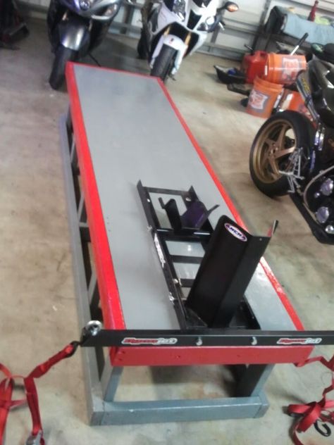 Motorcycle Bench Diy, Snowmobile Lift, Motorbike Shed, Motorbike Stand, Motorcycle Ramp, Motorcycle Lift Table, Motorcycle Wiring, Bike Lift, Bike Equipment