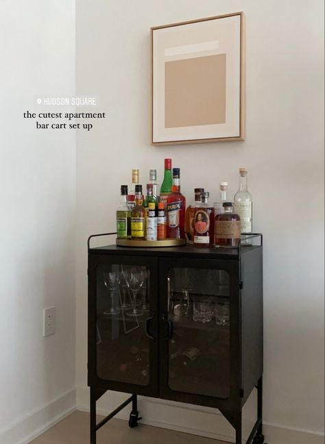 Alcohol Area In Home, Alcohol Corner Home, Bar Idea For Small Spaces, Indoor Mini Bar Ideas, Bar Cart With Cabinet, Small Bar Apartment, Bar Cart Tequila, Bar In The Living Room Ideas, Apartment Bar Cabinet