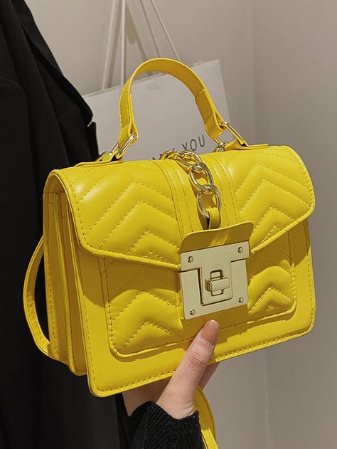 Yellow Funky Collar  PU Leather Quilted Square Bag Embellished   Women Bags Bag With Chain, Square Bag, Neon Yellow, Top Handle, Pu Leather, Neon, Purse, Collar, Square