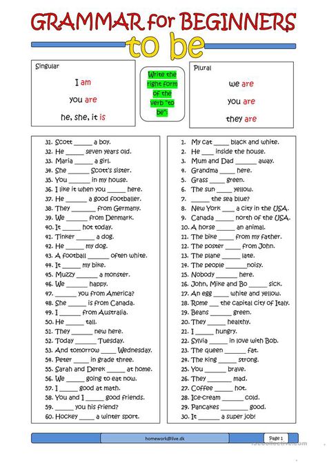 Grammar for Beginners: to be - English ESL Worksheets Esl Worksheets For Beginners, Easy English Grammar, English Grammar Exercises, English Grammar For Kids, Grammar For Kids, Grammar Exercises, English For Beginners, English Exercises, Verb Worksheets