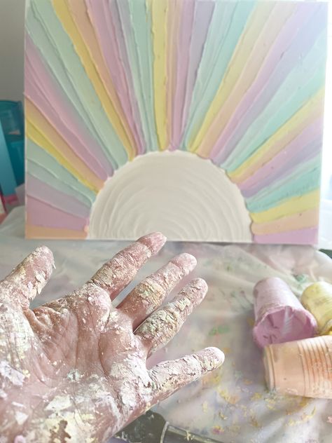 Diy Rainbow Painting, Rainbow Canvas Art, Playroom Canvas Art Diy, Rainbow Plaster Art, Sun Plaster Art, Abstract Rainbow Art, Rainbow Artwork, Rainbow Textured Art, Plaster Rainbow Canvas