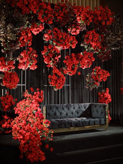 Max and Lisa's Red Rose Wedding at the InterContinental Los Angeles Black Red Wedding, Red Wedding Decorations, Red Wedding Theme, Gold Wedding Colors, Red Rose Wedding, Wedding Stage Decorations, Wedding Color Palette, Stage Decorations, Gothic Wedding