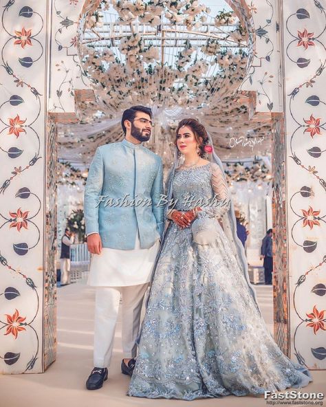 New Collection of Bridal Walima and Fancy Suits arrived at Fashion By Hashu #bridaldresses #walimadresses Nikkah Dress For Couple, Pakistani Wedding Outfits Couple, Couple Wedding Dress Pakistani, Men Walima Outfit, Barat Party Wear Dresses, Walima Dresses Pakistani Bride And Groom, Walima Couple Dressing, Engament Dress Ideas, Pakistani Sherwani Grooms