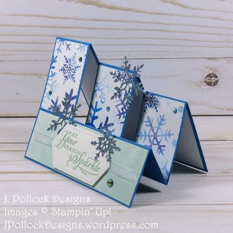 Snowflake Wishes Triple Stepper Card | J. Pollock Designs Natal, Triple Stepper Card Tutorial, Stepper Cards Tutorials, Fancy Fold Card Tutorials Templates, Card Folds Techniques Tutorials, Side Step Card, Stepper Cards, Step Card, Stamped Christmas Cards