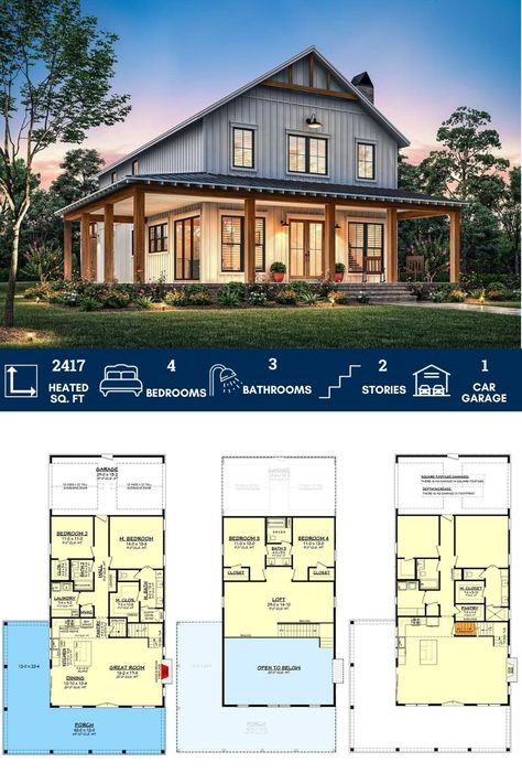 4-Bed Two-Story Barndominium-Style Farmhouse Plan with Large Loft Interior Barndominium Open Floor, Barndominium Floor Plans With Office, Barndominium Floor Plans 2 Story, 2 Story Barndominium Floor Plans, Barndominium Farmhouse, 40x60 Pole Barn House Plans, 40x60 House Plans, Barndo Ideas, Loft Floor Plans