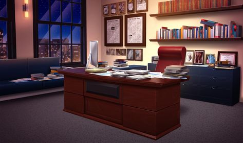 INT. PHILADELPHIA TIMES OFFICE - NIGHT Fancy Office, Principals Office, Episode Interactive Backgrounds, Episode Backgrounds, Office Background, Office Wallpaper, Living Room Background, Anime Room, Anime Backgrounds Wallpapers