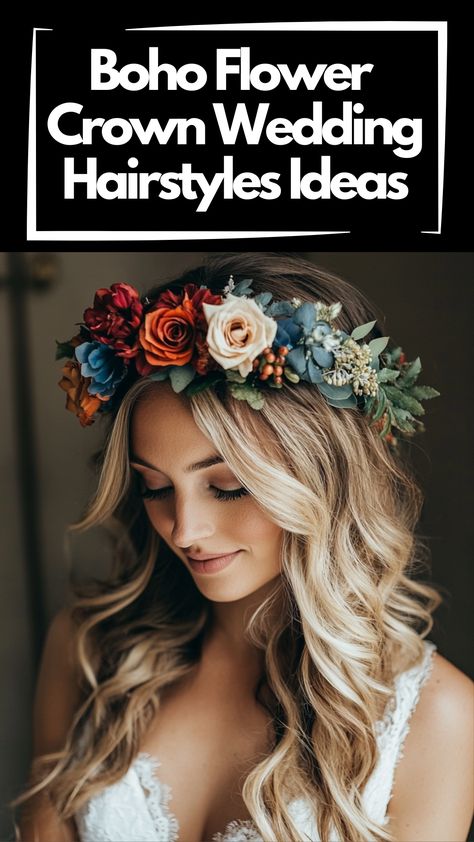 A bride with a boho flower crown hairstyle, featuring loose waves and a romantic, natural look. Wedding Hairstyles Half Up Half Down With Flower Crown, Boho Flower Crown Wedding Brides, Wedding Hair Floral Crown, Bridal Braid Crown, How To Make Flower Crown, Boho Bridal Hair Flower Crown, Boho Hairstyles Wedding, Boho Bride Hairstyles, Bridal Hair Flower Crown