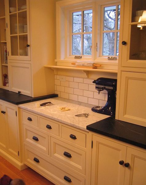 The countertop is slightly lower and the storage drawers don’t quite reach the floor to help keep the baker on top their dough. White Cabinets, Baking Station, Kitchen Remodel Idea, Counter Tops, Ideas Pictures, Kitchen Stuff, Dream Kitchen, My Dream Home, Kitchen Inspirations