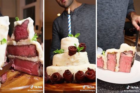 This Viral Video Shows You How to Make a ‘Steak Cake’ Beef Cake, Meat Cake For Men, Steak Cake Ideas, Steak Cake Birthday, Steak Cake, Meat Birthday Cake, Steak Birthday Cake, Steak And Mashed Potatoes, Meat Cake