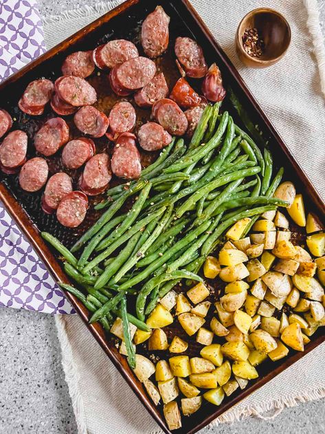 Sheet Pan Sausage, Potatoes and Green Beans - Big Delicious Life Sheet Pan Sausage Potatoes Green Beans, Sausage Potatoes And Green Beans Sheet Pan, Turkey Sausage Sheet Pan Recipes, Corn Boil, Sausage Potatoes Green Beans, Pan Green Beans, Oven Green Beans, Sheet Pan Sausage, Pan Sausage