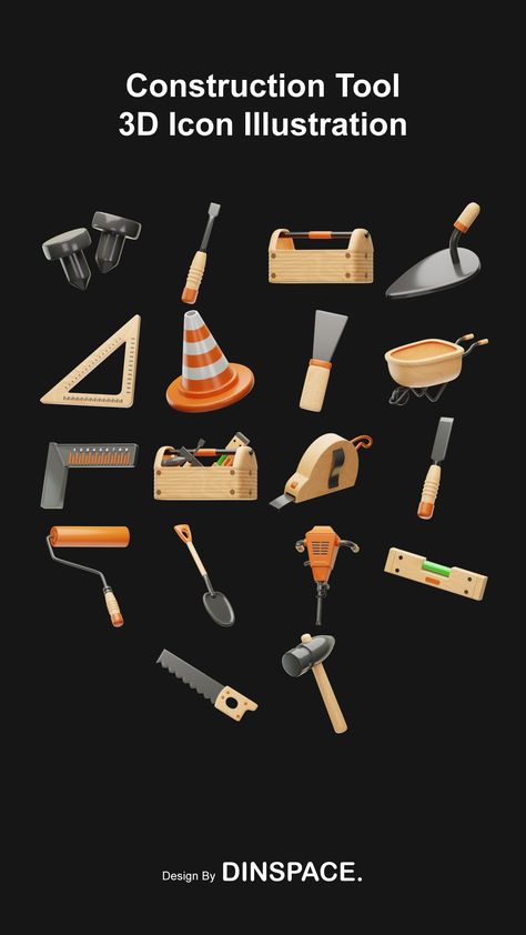 3d Objects Design, Construction Graphic Design, Illustration Moodboard, 3d Minimal, Construction Illustration, Construction Icon, Construction Tools Buildings, Tools Illustration, Virtual Reality Art